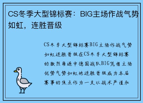 CS冬季大型锦标赛：BIG主场作战气势如虹，连胜晋级