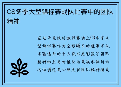 CS冬季大型锦标赛战队比赛中的团队精神