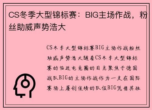 CS冬季大型锦标赛：BIG主场作战，粉丝助威声势浩大