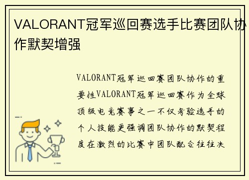VALORANT冠军巡回赛选手比赛团队协作默契增强