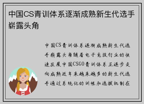 中国CS青训体系逐渐成熟新生代选手崭露头角